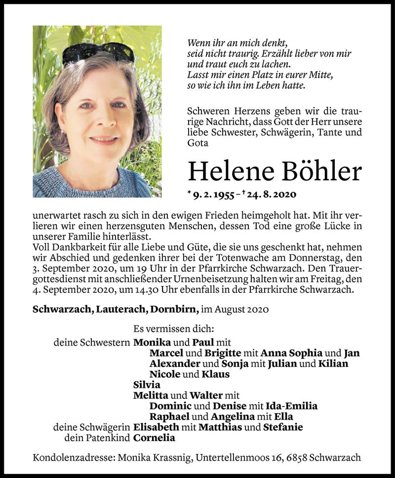  Todesanzeige für Helene Böhler vom 31.08.2020 aus Vorarlberger Nachrichten
