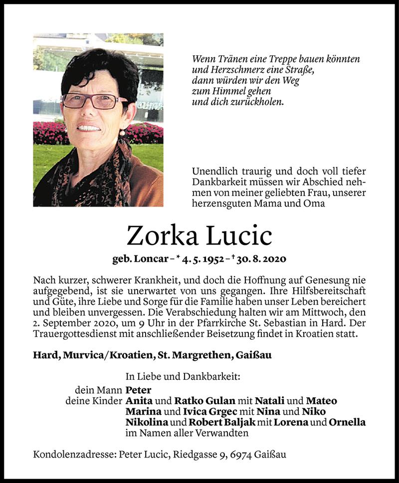  Todesanzeige für Zorka Lucic vom 31.08.2020 aus Vorarlberger Nachrichten