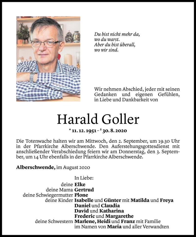  Todesanzeige für Harald Goller vom 31.08.2020 aus Vorarlberger Nachrichten