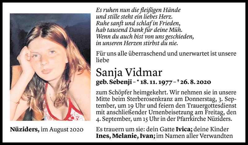  Todesanzeige für Sanja Vidmar vom 02.09.2020 aus Vorarlberger Nachrichten