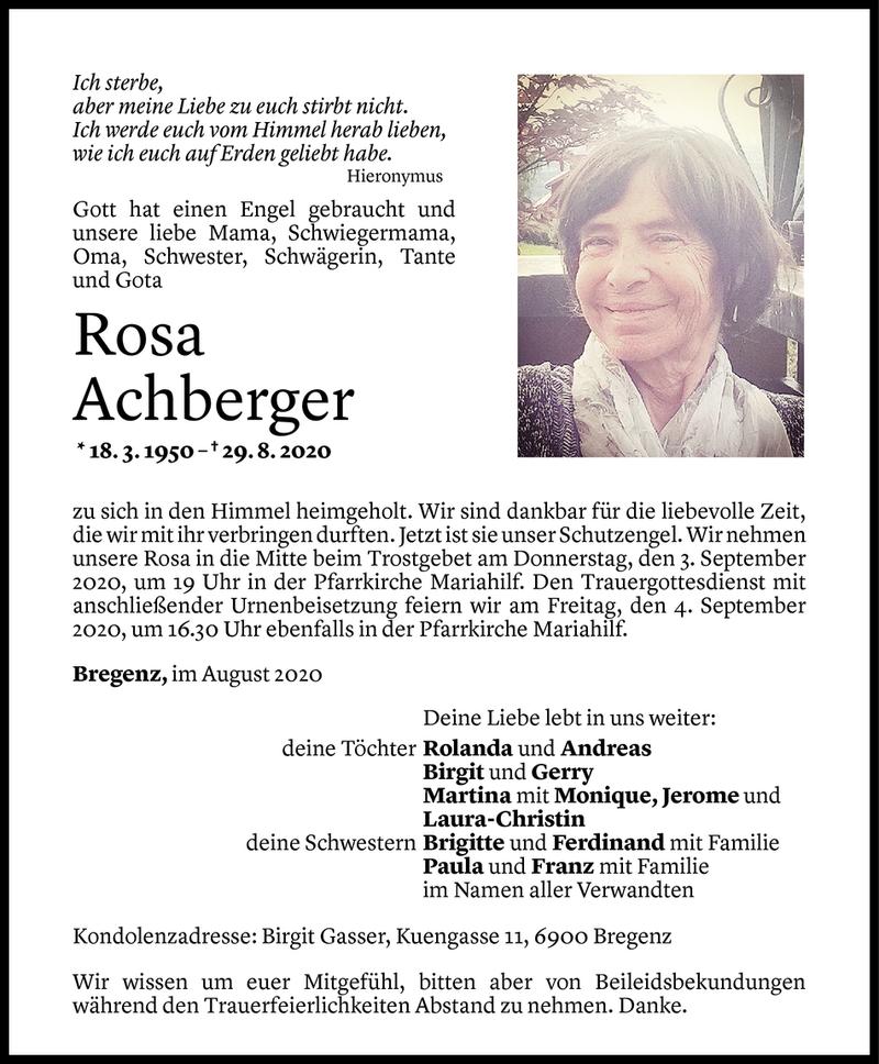  Todesanzeige für Rosa Achberger vom 01.09.2020 aus Vorarlberger Nachrichten