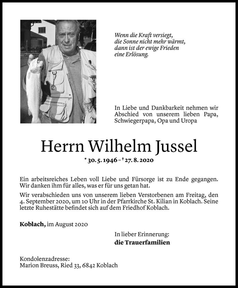  Todesanzeige für Wilhelm Jussel vom 01.09.2020 aus Vorarlberger Nachrichten