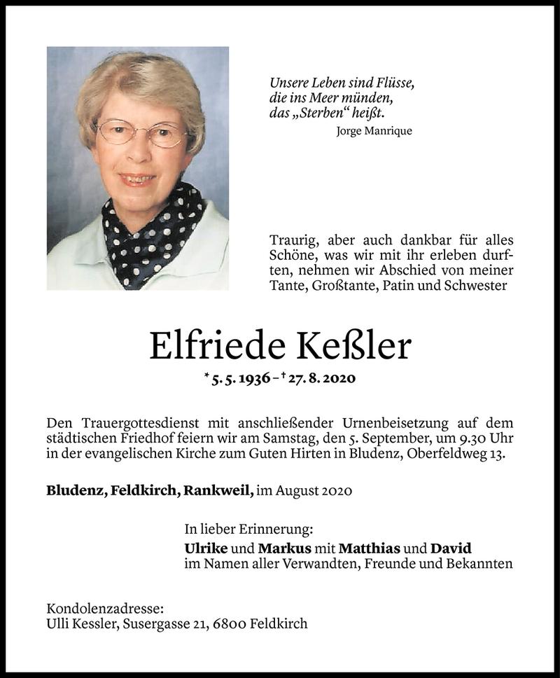  Todesanzeige für Elfriede Keßler vom 02.09.2020 aus Vorarlberger Nachrichten