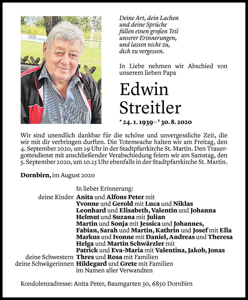  Todesanzeige für Edwin Streitler vom 01.09.2020 aus Vorarlberger Nachrichten