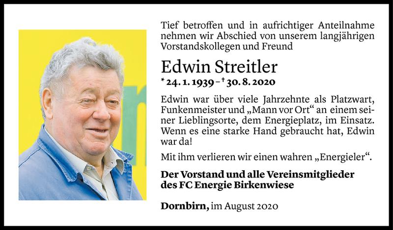  Todesanzeige für Edwin Streitler vom 01.09.2020 aus Vorarlberger Nachrichten