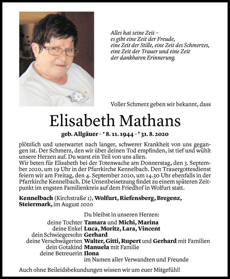  Todesanzeige für Elisabeth Mathans vom 01.09.2020 aus Vorarlberger Nachrichten