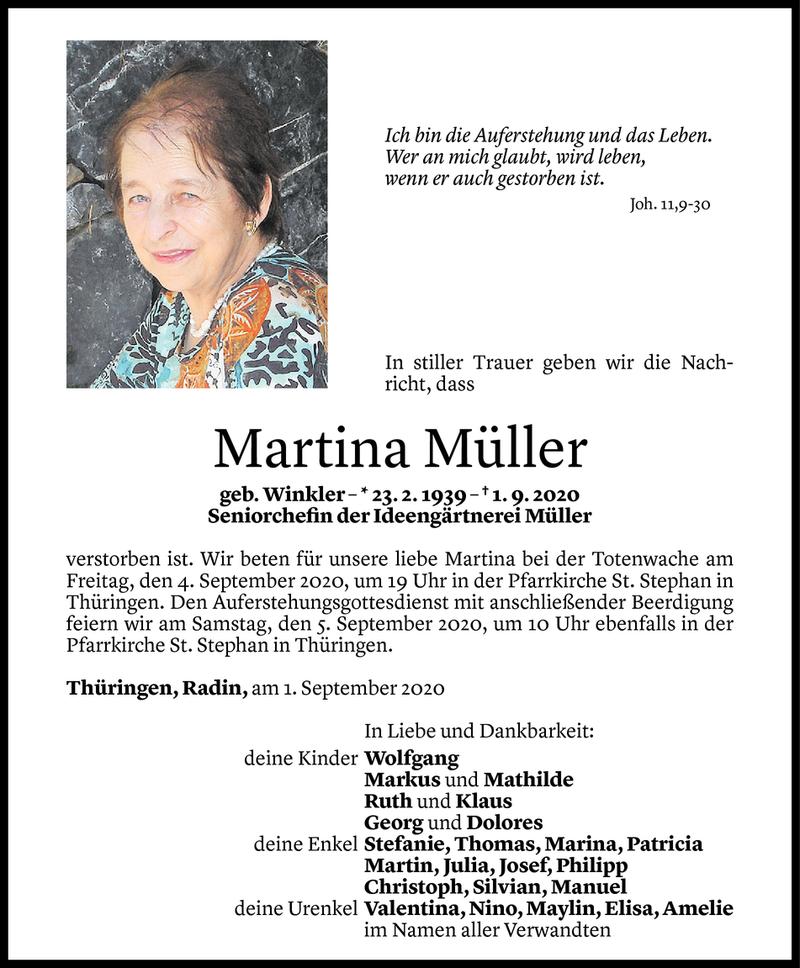 Todesanzeige für Martina Müller vom 02.09.2020 aus Vorarlberger Nachrichten
