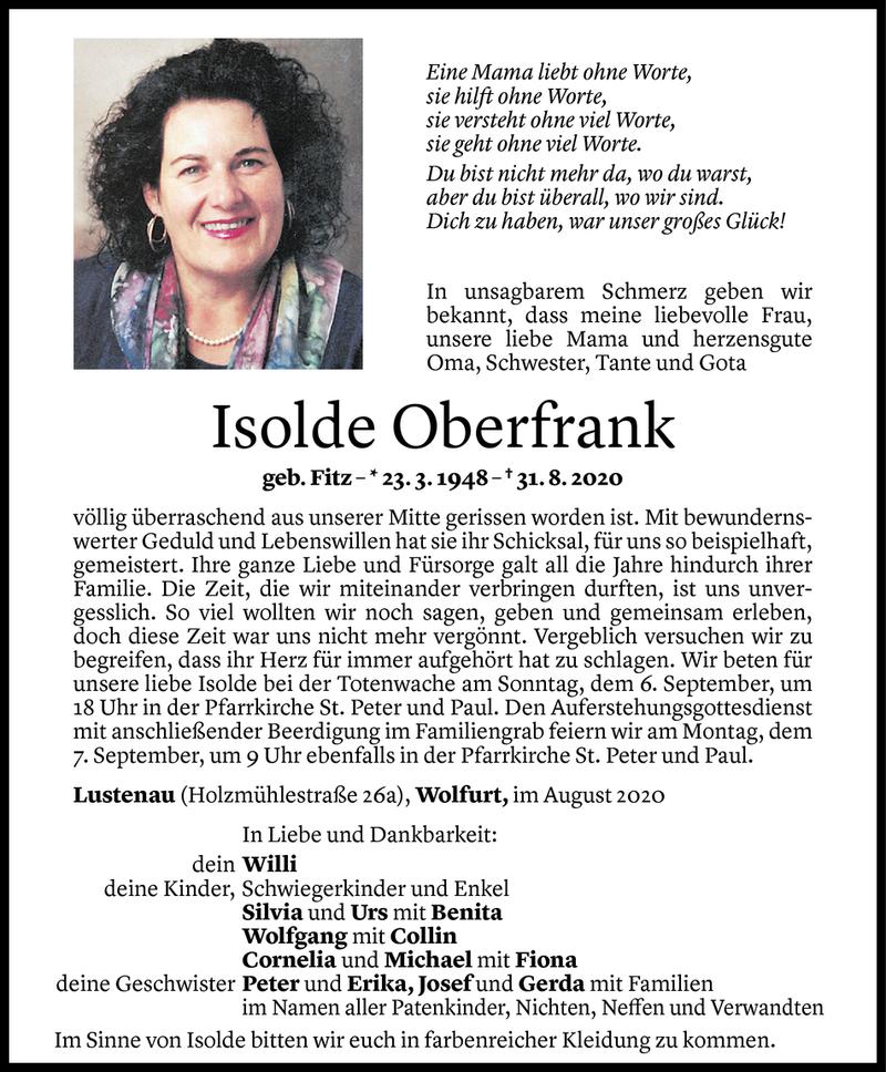  Todesanzeige für Isolde Oberfrank vom 02.09.2020 aus Vorarlberger Nachrichten