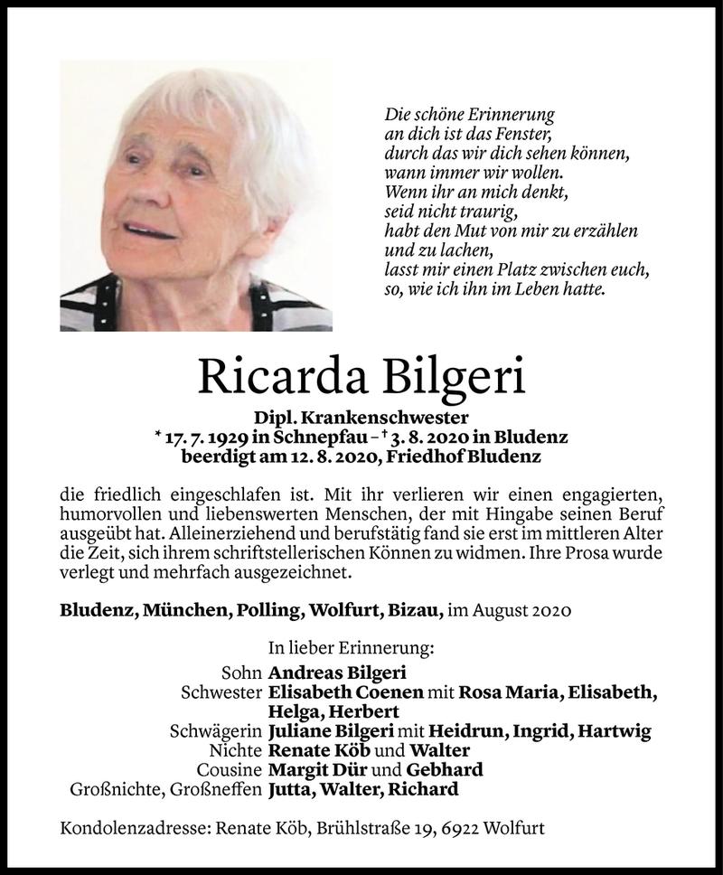  Todesanzeige für Ricarda Bilgeri vom 05.09.2020 aus Vorarlberger Nachrichten