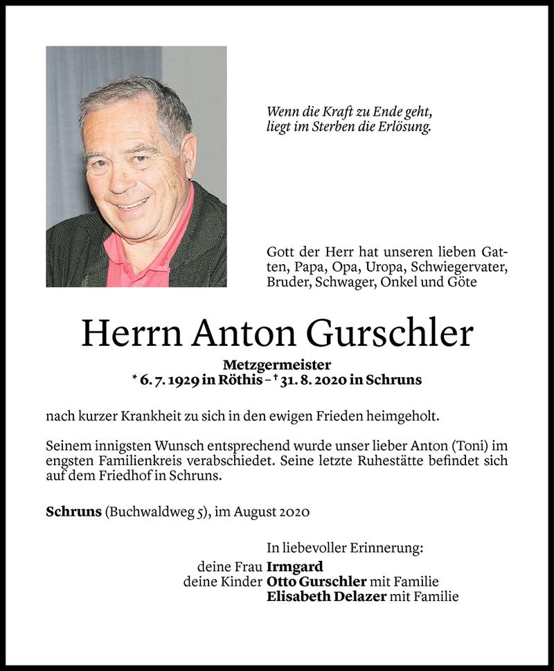  Todesanzeige für Anton Gurschler vom 04.09.2020 aus Vorarlberger Nachrichten