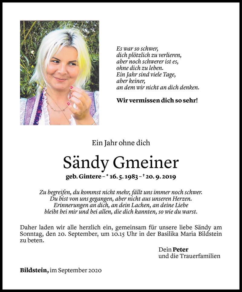  Todesanzeige für Sändy Gmeiner vom 19.09.2020 aus Vorarlberger Nachrichten