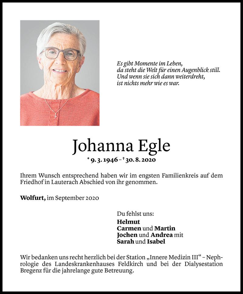  Todesanzeige für Johanna Egle vom 05.09.2020 aus Vorarlberger Nachrichten