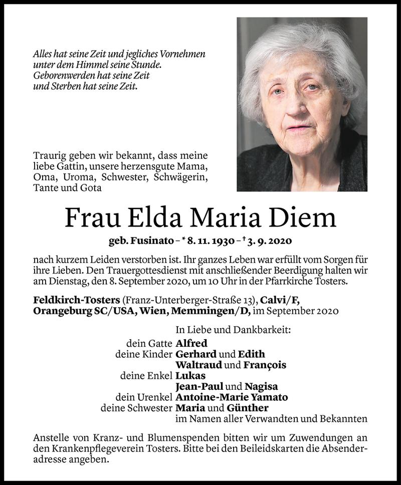  Todesanzeige für Elda Maria Diem vom 04.09.2020 aus Vorarlberger Nachrichten