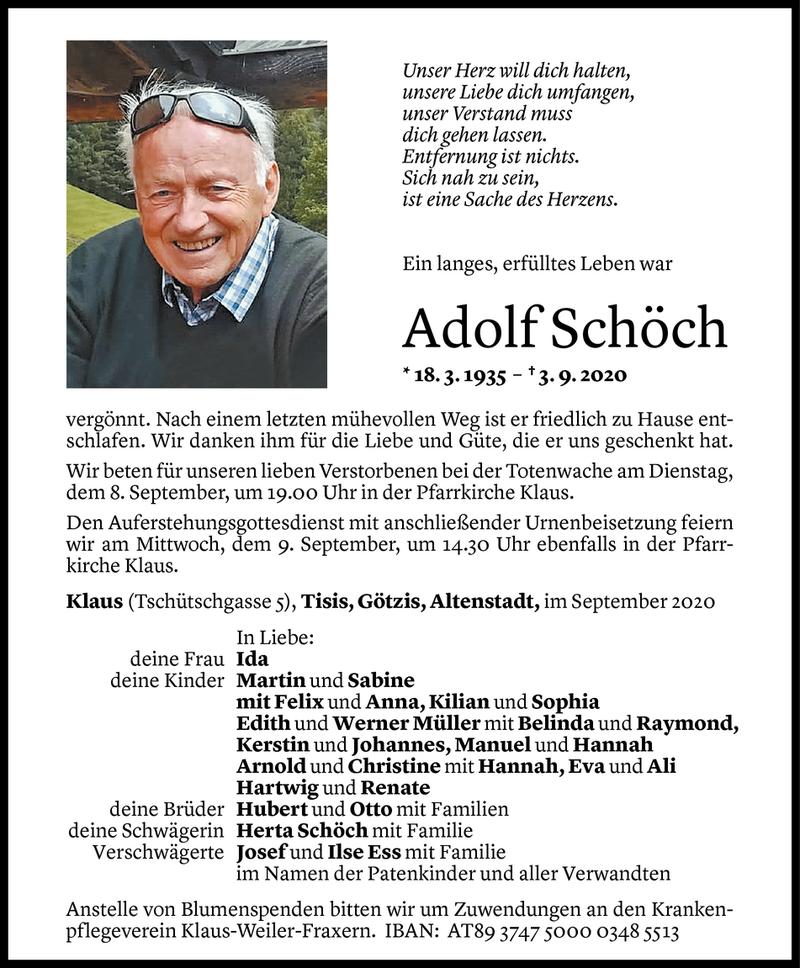  Todesanzeige für Adolf Schöch vom 05.09.2020 aus Vorarlberger Nachrichten