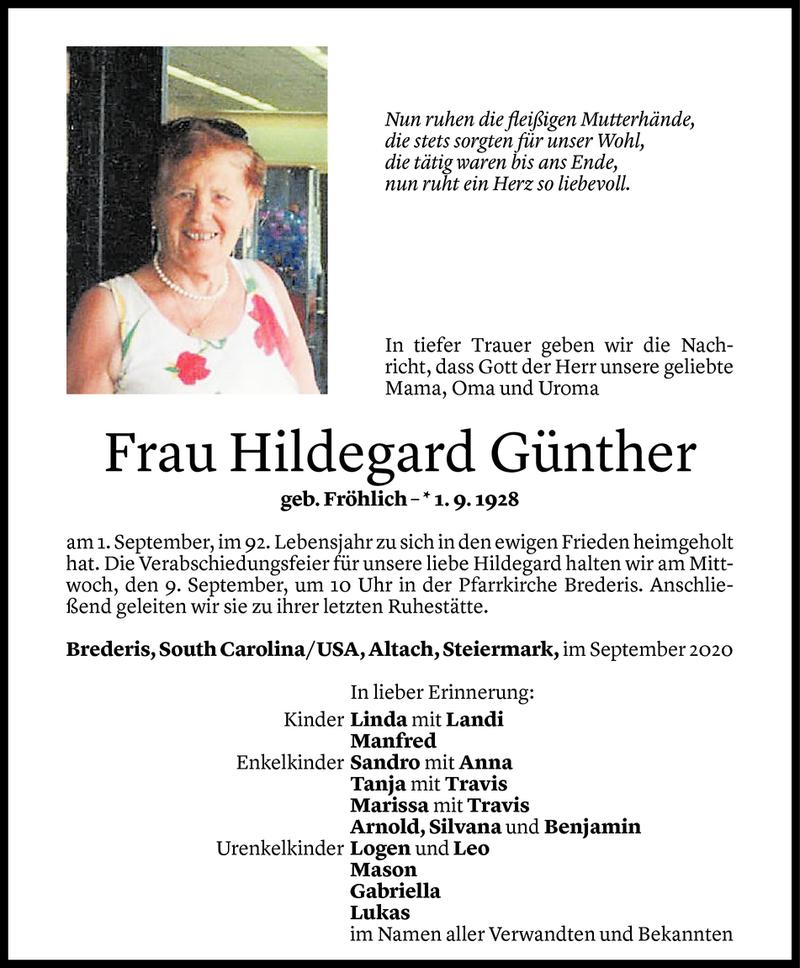  Todesanzeige für Hildegard Günther vom 06.09.2020 aus Vorarlberger Nachrichten