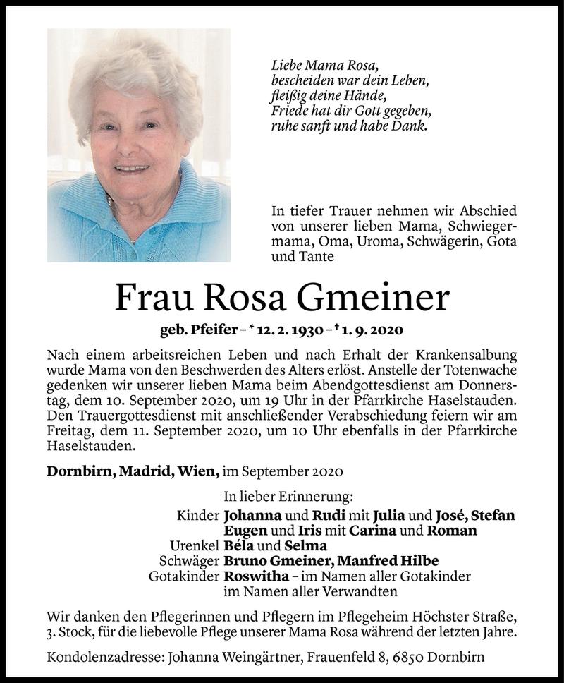  Todesanzeige für Rosa Gmeiner vom 07.09.2020 aus Vorarlberger Nachrichten