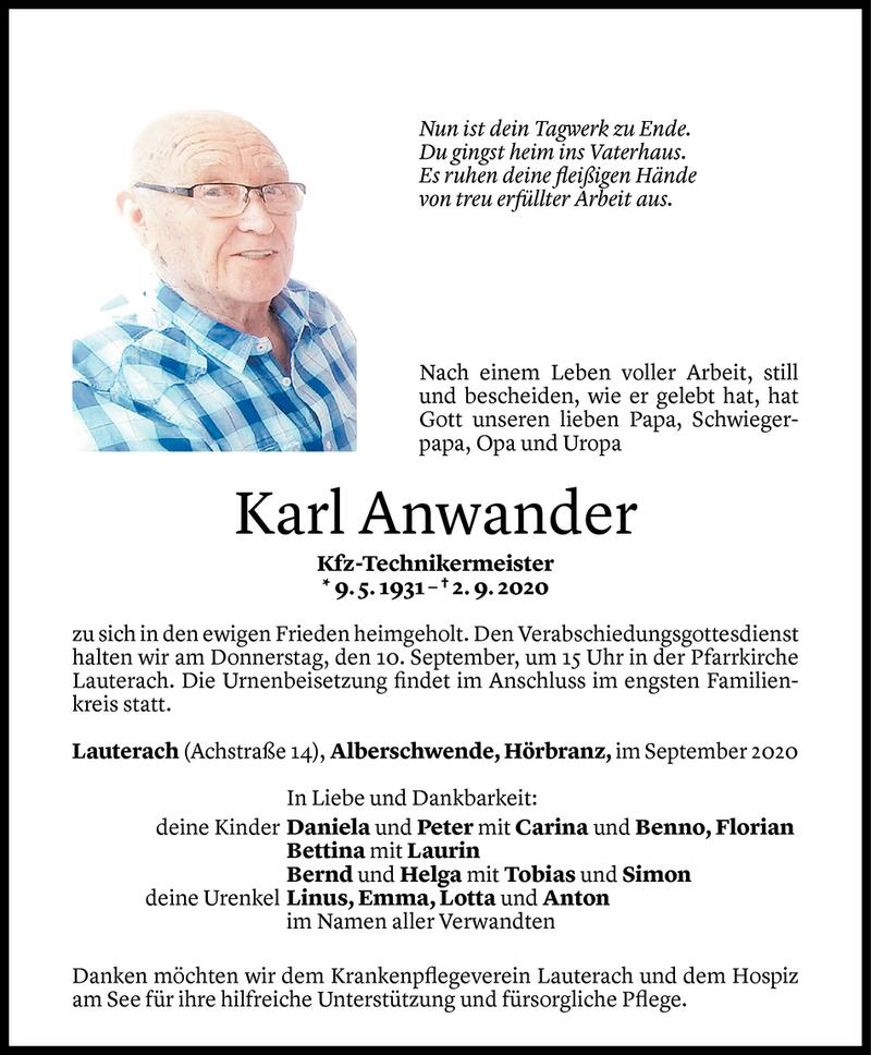  Todesanzeige für Karl Anwander vom 07.09.2020 aus Vorarlberger Nachrichten