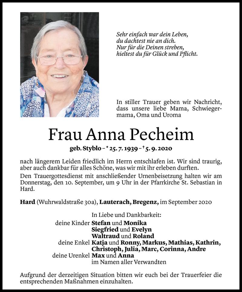  Todesanzeige für Anna Pecheim vom 07.09.2020 aus Vorarlberger Nachrichten