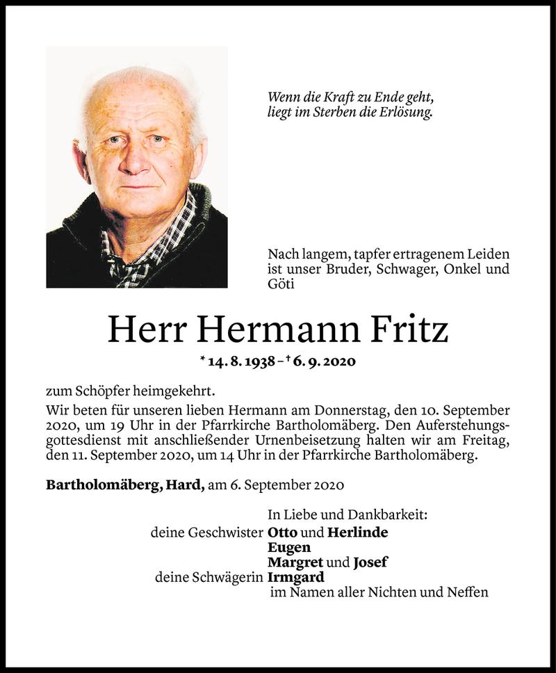  Todesanzeige für Hermann Fritz vom 07.09.2020 aus Vorarlberger Nachrichten