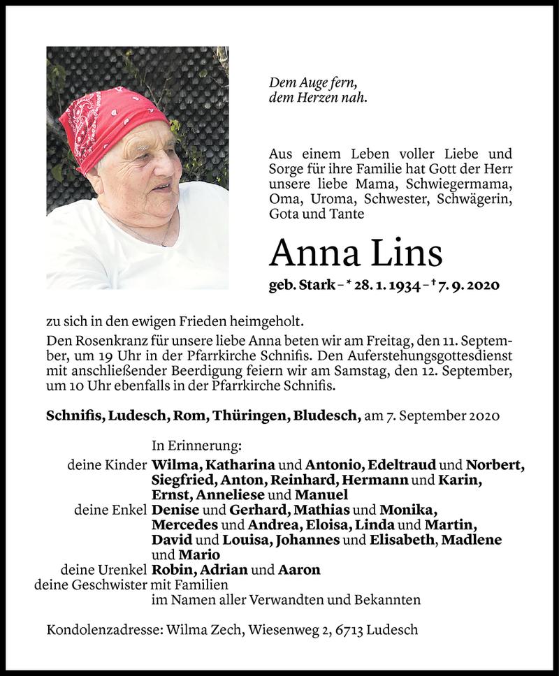  Todesanzeige für Anna Lins vom 08.09.2020 aus Vorarlberger Nachrichten