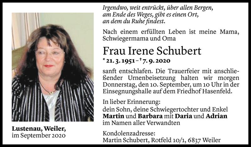  Todesanzeige für Irene Schubert vom 08.09.2020 aus Vorarlberger Nachrichten