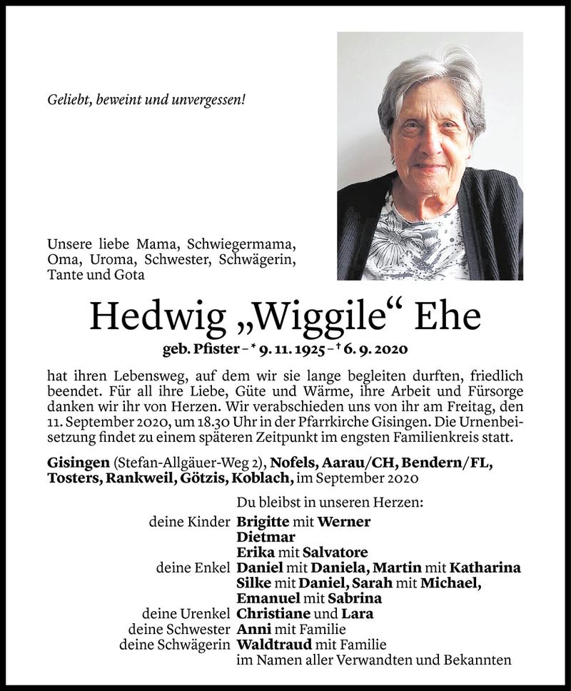  Todesanzeige für Hedwig Ehe vom 08.09.2020 aus Vorarlberger Nachrichten