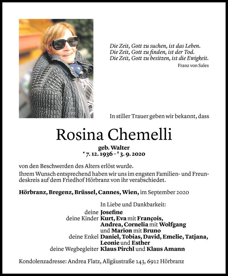  Todesanzeige für Rosina Chemelli vom 12.09.2020 aus Vorarlberger Nachrichten