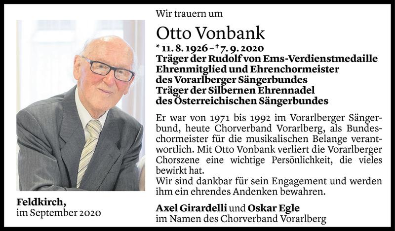  Todesanzeige für Otto Vonbank vom 09.09.2020 aus Vorarlberger Nachrichten