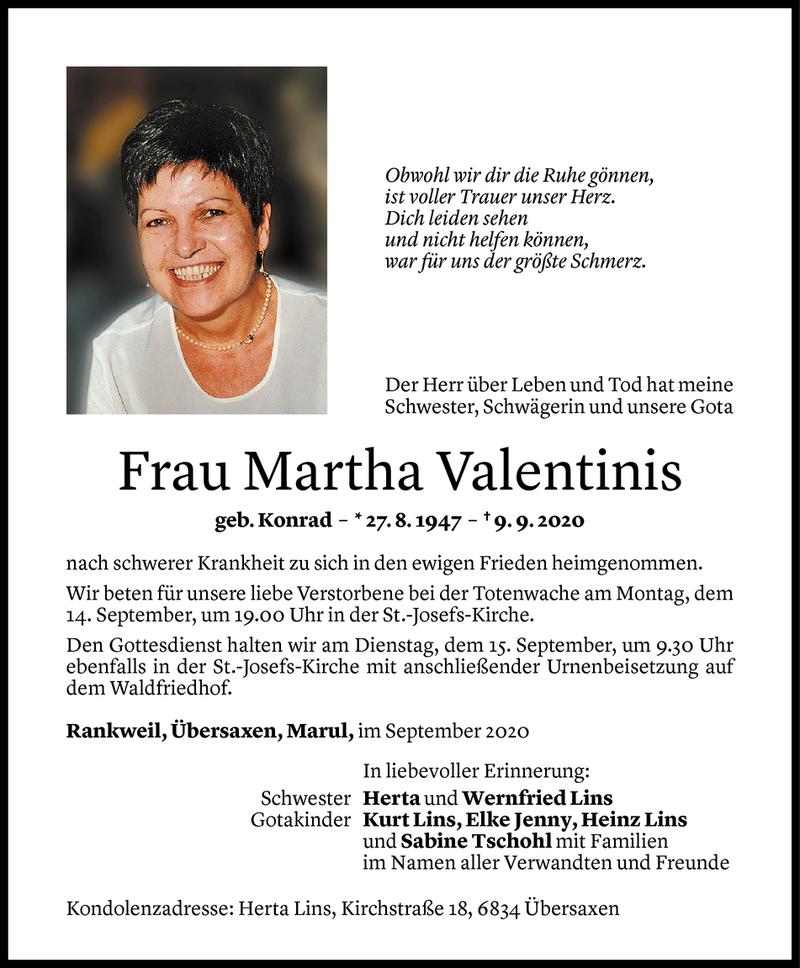  Todesanzeige für Martha Valentinis vom 12.09.2020 aus Vorarlberger Nachrichten