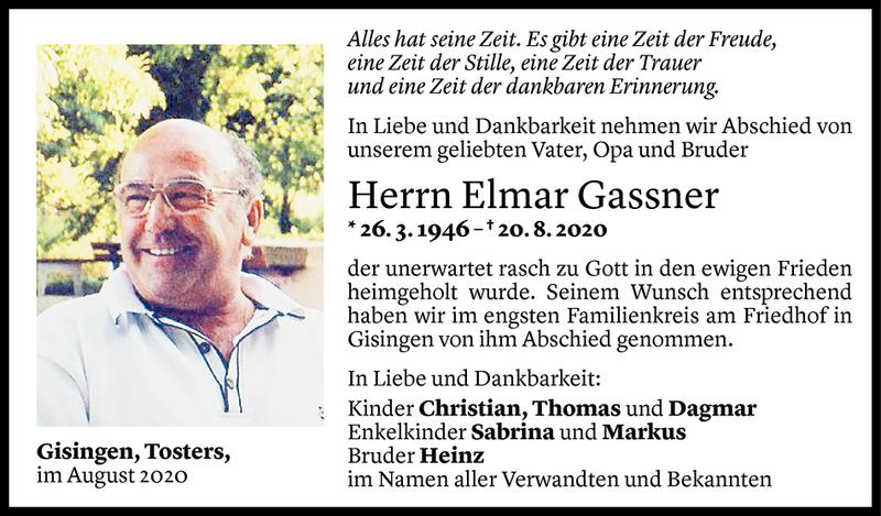  Todesanzeige für Elmar Gassner vom 12.09.2020 aus Vorarlberger Nachrichten