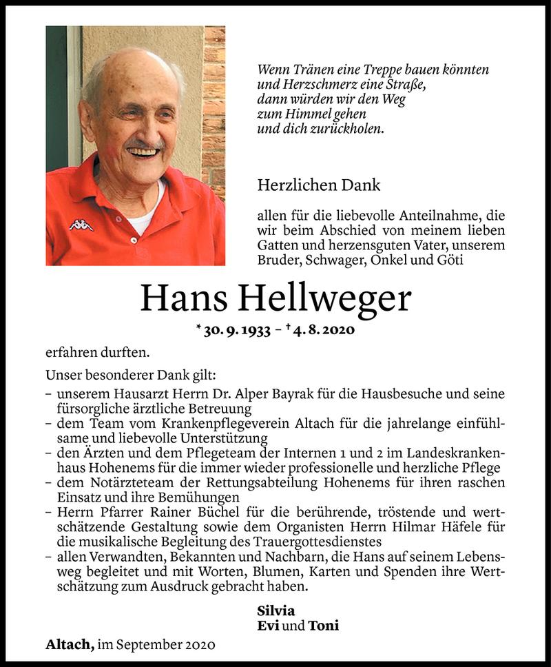  Todesanzeige für Hans Hellweger vom 11.09.2020 aus Vorarlberger Nachrichten