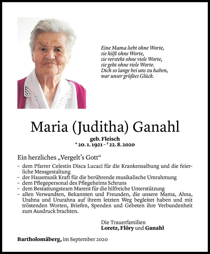  Todesanzeige für Maria Ganahl vom 10.09.2020 aus Vorarlberger Nachrichten