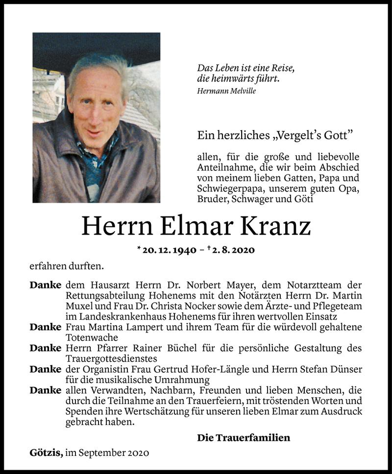 Todesanzeige für Elmar Kranz vom 11.09.2020 aus Vorarlberger Nachrichten
