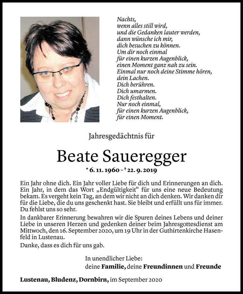  Todesanzeige für Beate Saueregger vom 11.09.2020 aus Vorarlberger Nachrichten