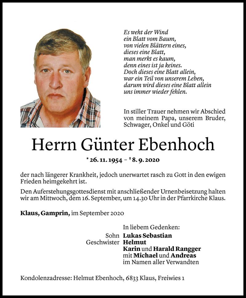  Todesanzeige für Günter Ebenhoch vom 12.09.2020 aus Vorarlberger Nachrichten