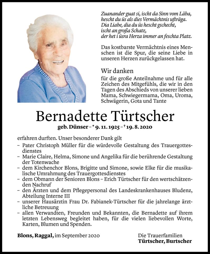  Todesanzeige für Bernadette Türtscher vom 11.09.2020 aus Vorarlberger Nachrichten