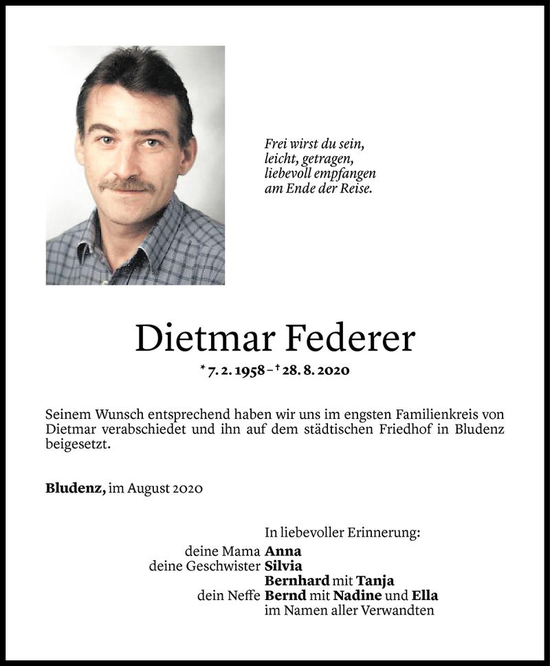  Todesanzeige für Dietmar Federer vom 12.09.2020 aus Vorarlberger Nachrichten