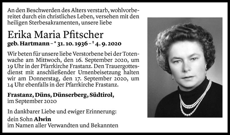  Todesanzeige für Erika Maria Pfitscher vom 13.09.2020 aus Vorarlberger Nachrichten