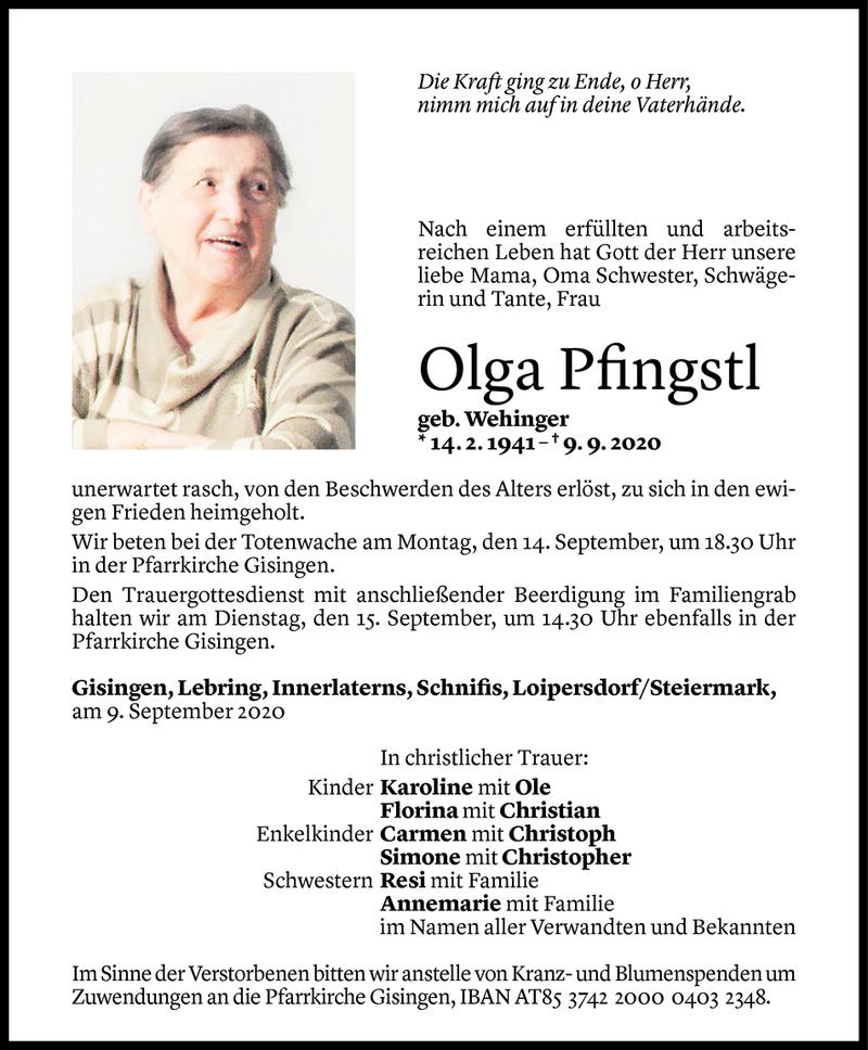  Todesanzeige für Olga Pfingstl vom 11.09.2020 aus Vorarlberger Nachrichten