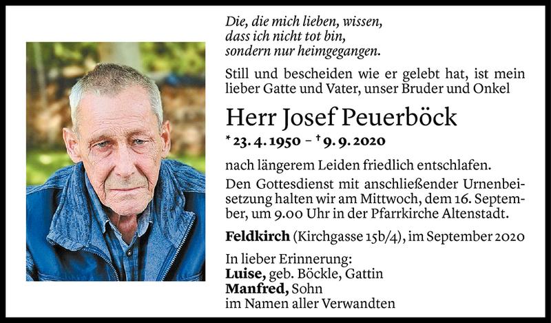  Todesanzeige für Josef Peuerböck vom 12.09.2020 aus Vorarlberger Nachrichten