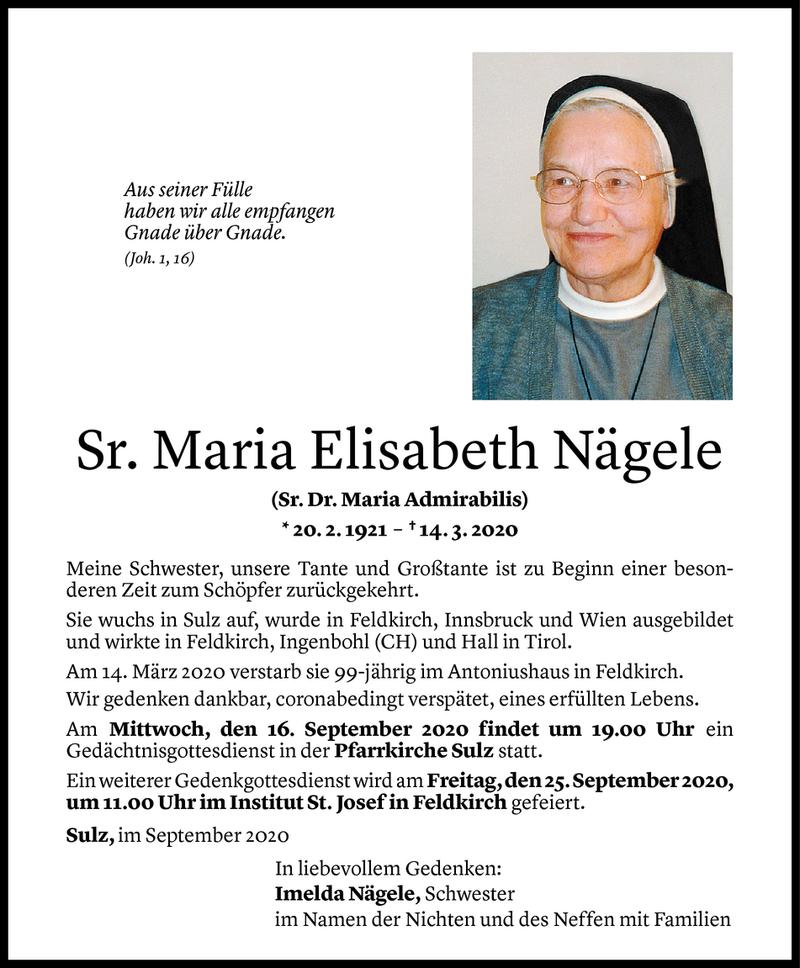  Todesanzeige für Maria Elisabeth Nägele vom 14.09.2020 aus Vorarlberger Nachrichten