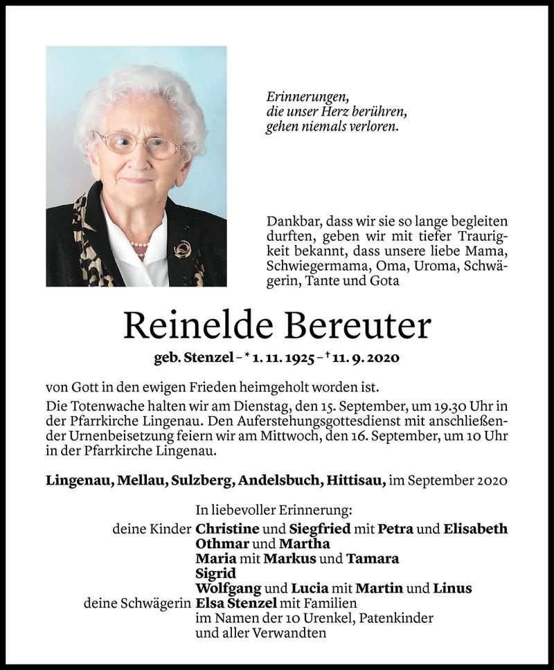  Todesanzeige für Reinelde Bereuter vom 13.09.2020 aus Vorarlberger Nachrichten