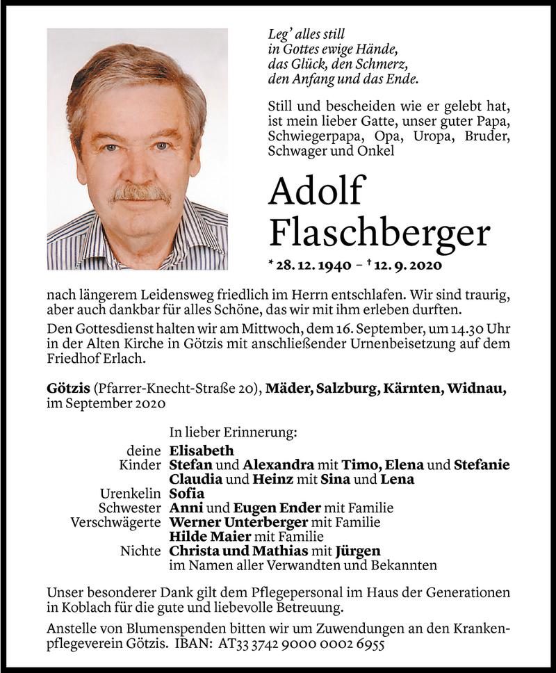  Todesanzeige für Adolf Flaschberger vom 14.09.2020 aus Vorarlberger Nachrichten