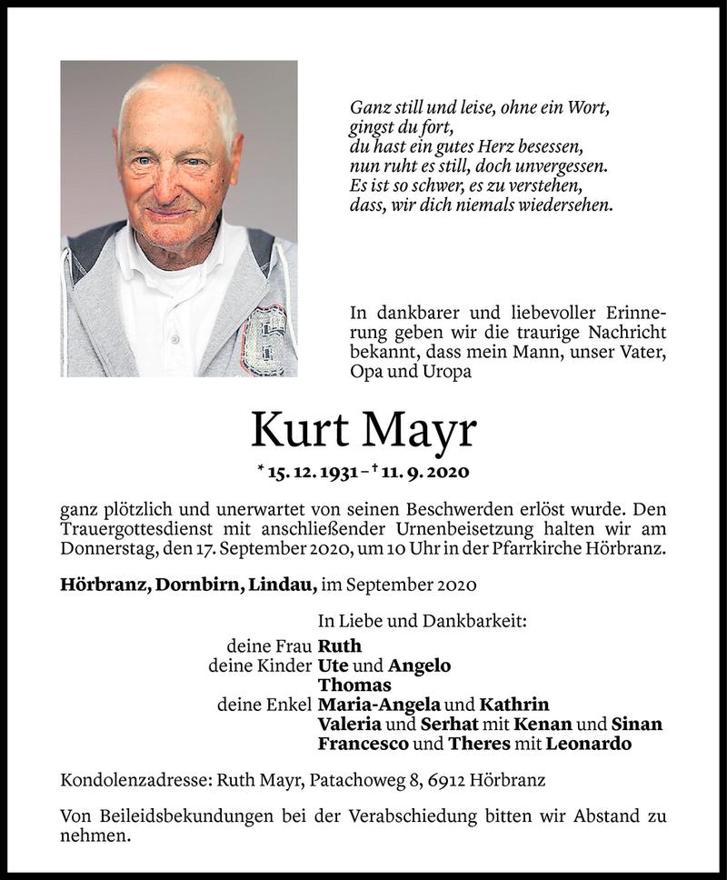  Todesanzeige für Kurt Mayr vom 14.09.2020 aus Vorarlberger Nachrichten