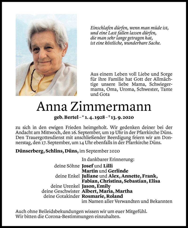  Todesanzeige für Anna Zimmermann vom 14.09.2020 aus Vorarlberger Nachrichten