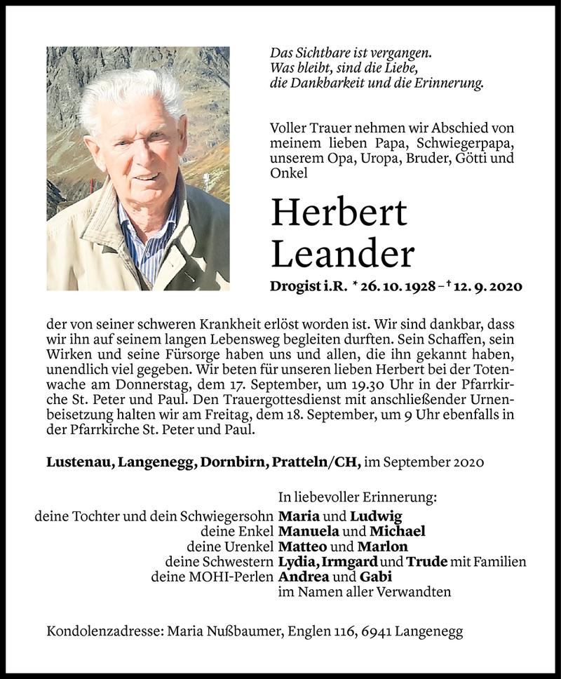  Todesanzeige für Herbert Leander vom 14.09.2020 aus Vorarlberger Nachrichten