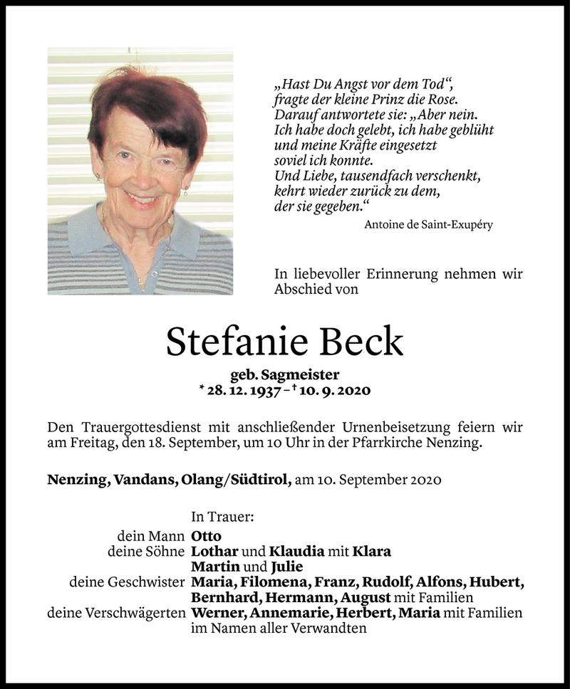  Todesanzeige für Stefanie Beck vom 14.09.2020 aus Vorarlberger Nachrichten