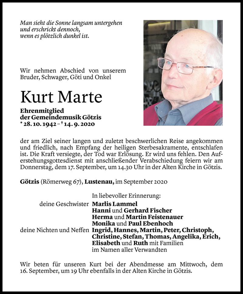  Todesanzeige für Kurt Marte vom 14.09.2020 aus Vorarlberger Nachrichten