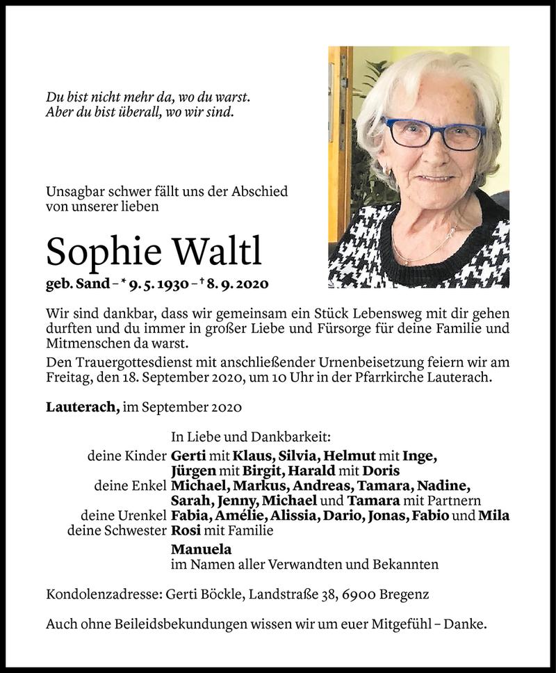  Todesanzeige für Sophie Waltl vom 15.09.2020 aus Vorarlberger Nachrichten