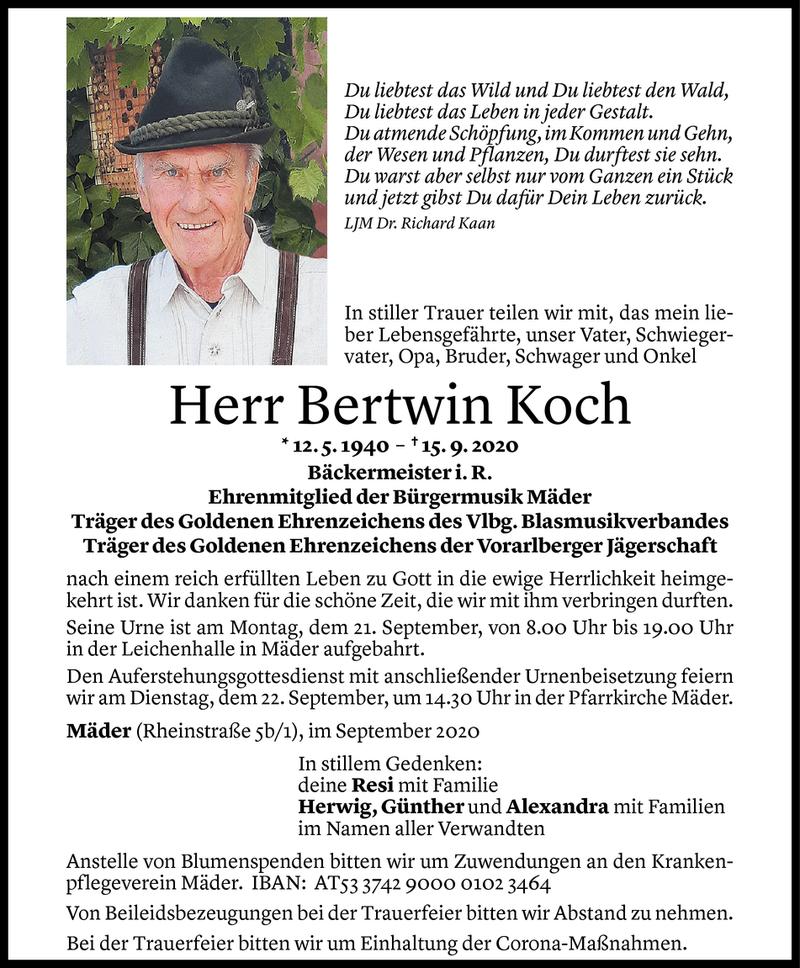  Todesanzeige für Bertwin Koch vom 18.09.2020 aus Vorarlberger Nachrichten